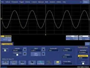 Интерполяция sin x/x, частота дискретизации — 5 МГц, входной сигнал — синус с частотой 1 МГц