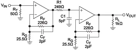 Принципиальная электрическая схема двухкаскадного широкополосного усилителя на микросхеме ADA4895-2