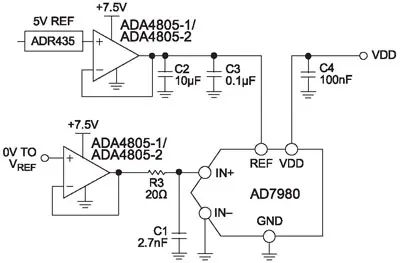 Схема включения ОУADA4805-1, ADA4805-2 в качестве драйвера АЦП AD7980