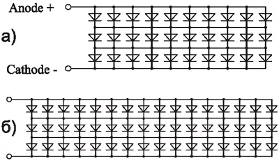 Электрические схемы светодиодов серии ZeniGata (а) исполнения 3,6 Вт, (б) исполнения 6,7 Вт