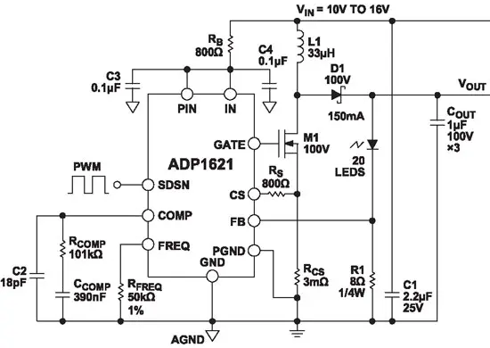 Схема LED-драйвера на основе ИМС ADP1621
