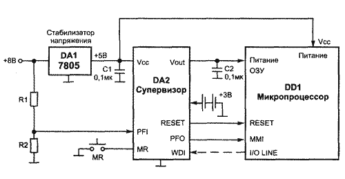 Схема включения супервизора с микропроцессором