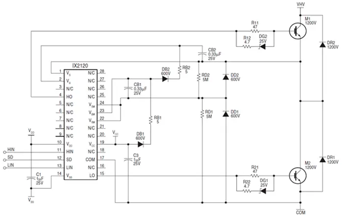 Схема подключения IX2120B для управления IGBT транзисторами
