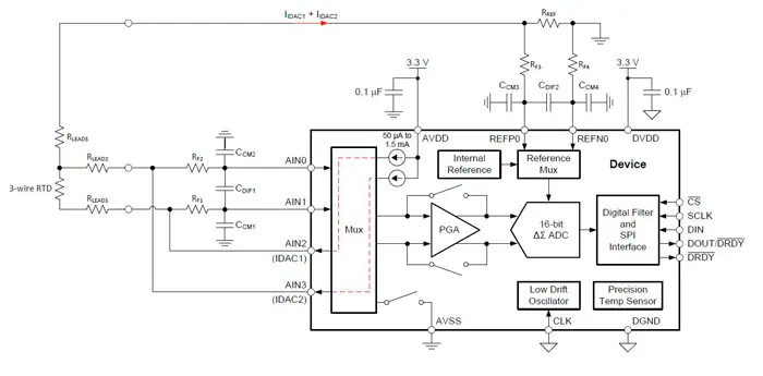 Типовая схема включения ADS1120 для 3-х проводного измерения температуры