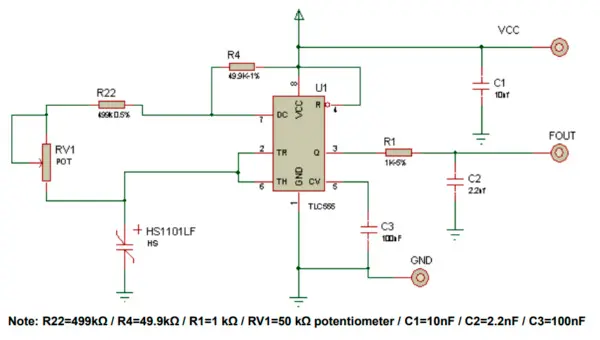 Схема включения HPP801A031 в схеме преобразователя влажность-частота с помощью таймера 555-й серии