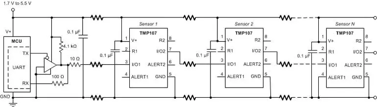 Типовая схема включения нескольких датчиков TMP107