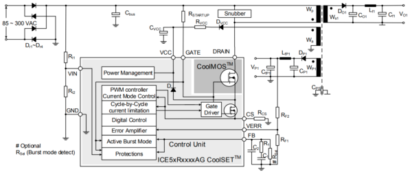 Типовая схема применения CoolSET ICE5xR с регулированием по первичной стороне