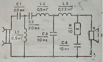 Схема разделительно фильтра, рекомендованного производителем головки 15ГД-11Б (из технической документации на изделие)