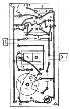 Схема размещения деталей преобразователя для газоразрядных ламп 6 Вт