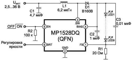 Схема включения микросхемы MP1528DQ (в корпусе QFN6)