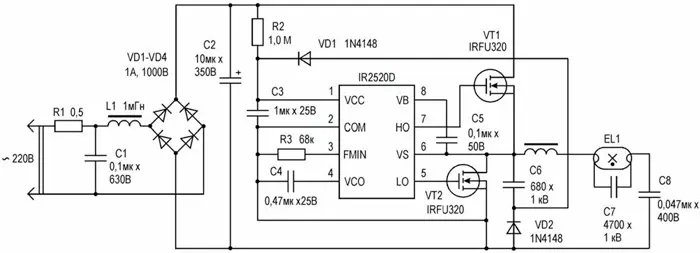 Электрическая схема ЭБ с микросхемой IR2520D
