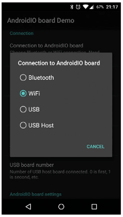 In de demo-app ‘Android IO board Demo’ you have to select Wi-Fi for the setting ‘Connection to Android I/O board’. In this case it really means ‘IP network’
