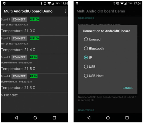 In the ‘Multi AndroidIO board Demo’ you can see that four different boards are connected, where the temperature of each one is shown. For each board you can select a different connection method.