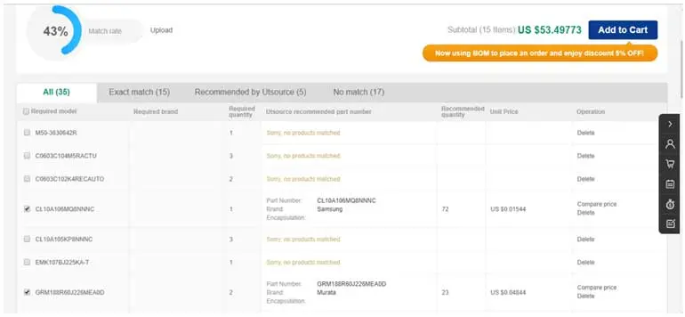 The page of matching components with the database The page of matching components with the database