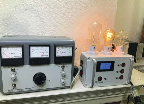 The Variac, bulb current limiter (front), and Xentek isolation transformer (rear)