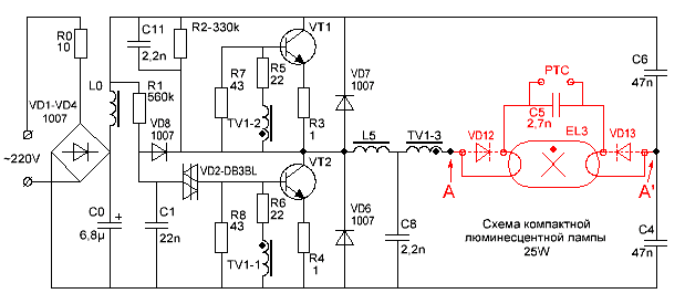 Принципиальная схема люминесцентной лампы с цоколем Е27
