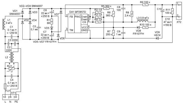 Схема источника питания на основе BP2857D