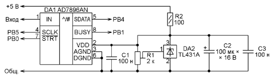 Схема подключения к микроконтроллерному модулю 12-разрядного АЦП AD7896AN