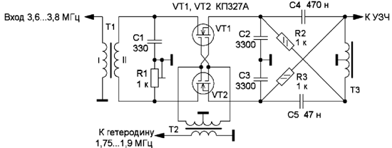 Схема смесителя с фазовращателем на RC-элементах и ЗЧ-фильтром