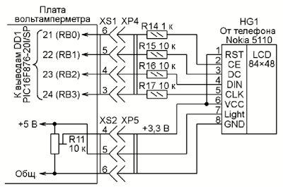 Схема подключения ЖКИ от сотового телефона Nokia 5110 к печатной плате вольтамперметра