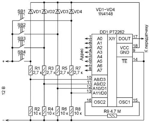Схема кодера системы дистанционного управления на микросхеме PT2262 (DD1)