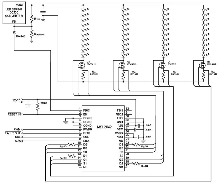 Схема включения ИМС MSL2042 для управления 4-мя LED-линейками и питанием от одного DC/DC-конвертора