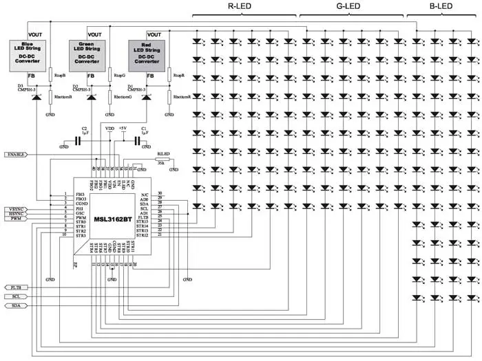 Схема включения ИМС MSL3162 с RGB-линейками и тремя DC/DC-конверторами