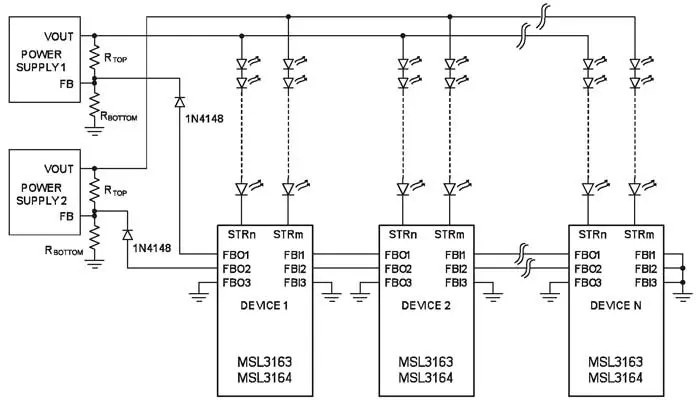 Функциональная схема каскадного подключения ИМС с двумя источниками питания LED-линеек