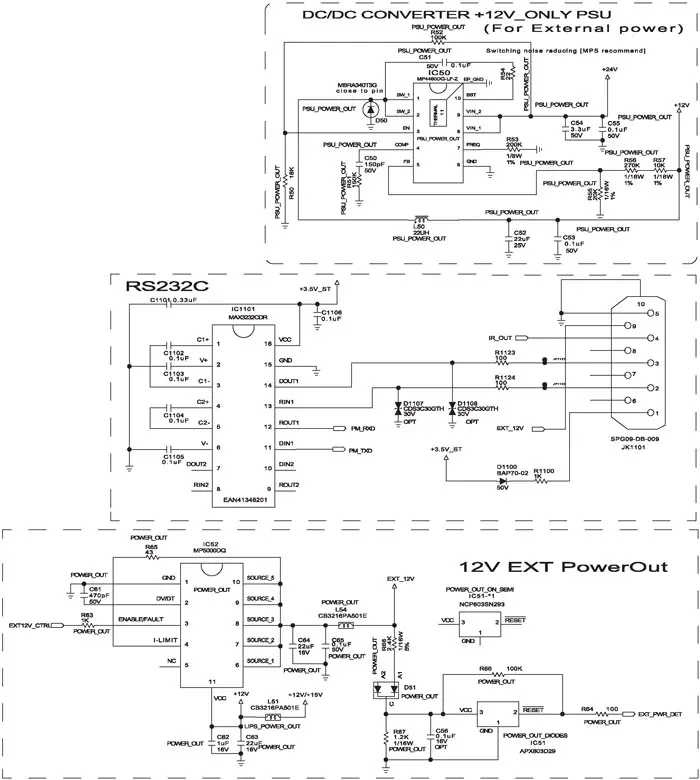 Фрагмент принципиальной схемы. Интерфейс RS232C. DC/DC-конвертор 24/12 В. Ключ токовой защиты источника 12 В