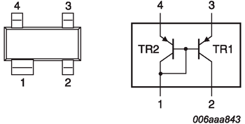 Расположение выводов транзисторной сборки BVC62A в корпусе SOT143B