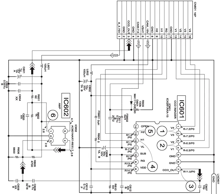 Принципиальная электрическая схема узла ПЗС сенсора видеокамер "Sony DCR-TRV230/235/325/330/430/530E"