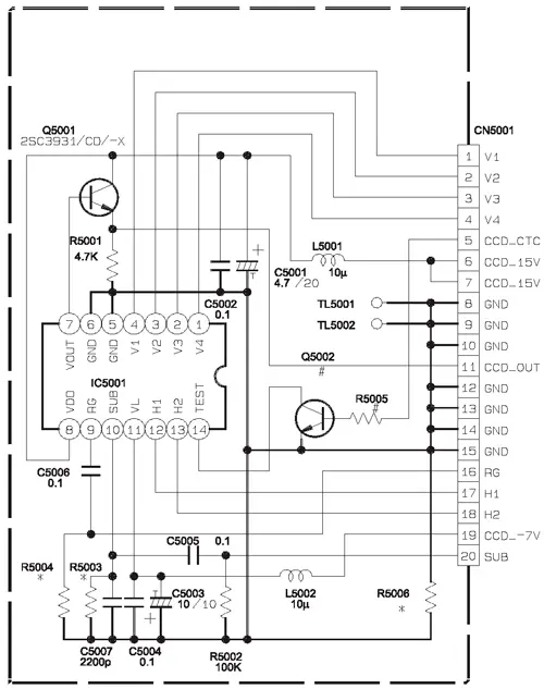 Схема узла ПЗС сенсора видеокамер "JVC GR-D23/33/53/73E" на микросхеме ICX281JKA-V