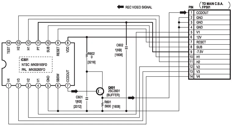 Схема узла ПЗС сенсора видеокамер "Panasonic NV-GS6/17/18/35E" на микросхеме MN39265FD