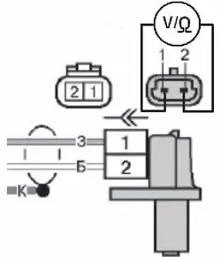 Схема подключения мультиметра к выводам датчика положения коленчатого вала