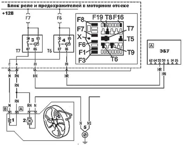 Фрагмент электрической схемы подключения электродвигателя вентилятора охлаждения радиатора