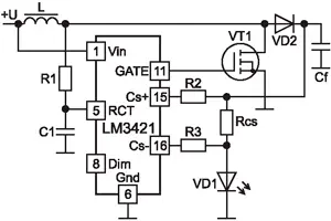 Упрощенная схема подключения мощного светодиода к драйверу повышающего типа на базе LM3421