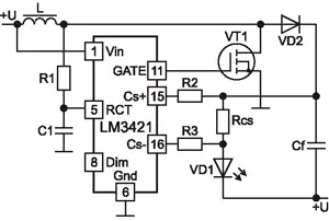 Упрощенная схема подключения мощного светодиода к драйверу комбинированного типа на базе LM3421