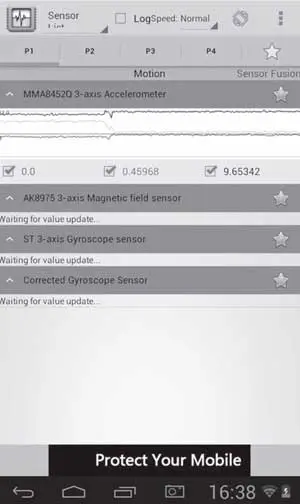 Диалоговое окно приложения Sensor List при проверке акселерометра teXet TB-772A