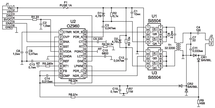 Принципиальная электрическая схема инвертора ALPS KUBNKM, применяемого в ноутбуках DELL