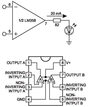 Схема включения LM358 и расположение выводов в корпусе DIP/SO