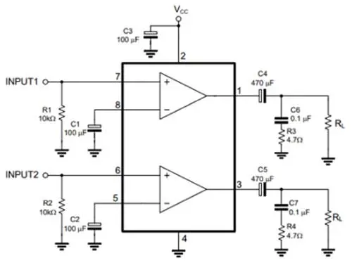 The circuit of the Dual Audio Amplifier IC