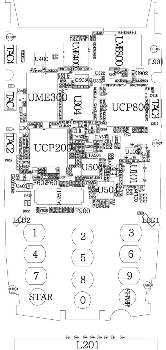 Расположение элементов на основной печатной плате телефона (вид сверху)