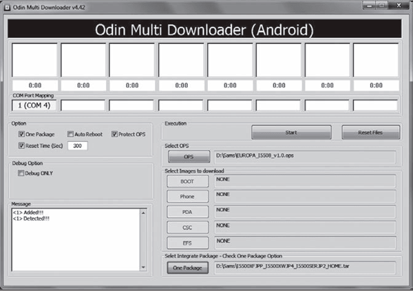 Основное диалоговое окно Odin Multi Downloader