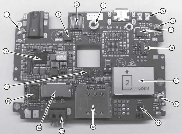 Расположение компонентов на основной плате смартфона TeXeT TM-4677 (вид сверху)