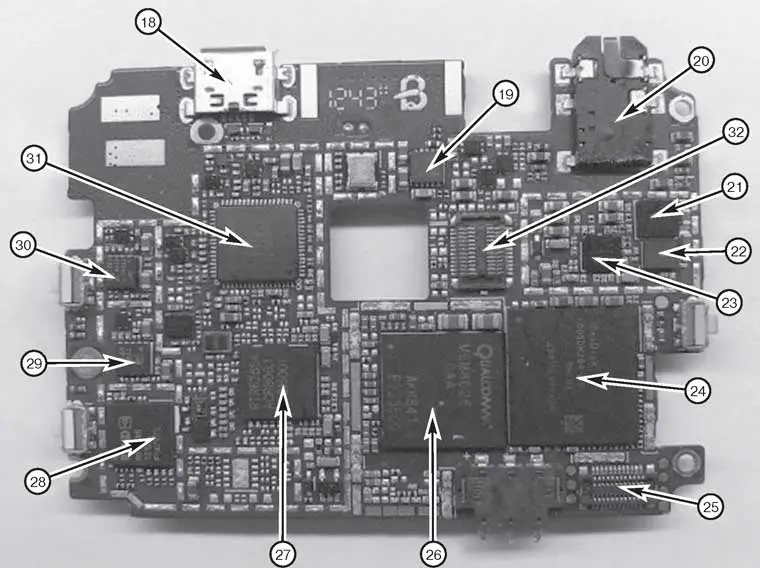 Расположение компонентов на основной плате смартфона TeXeT TM-4677 (вид снизу)