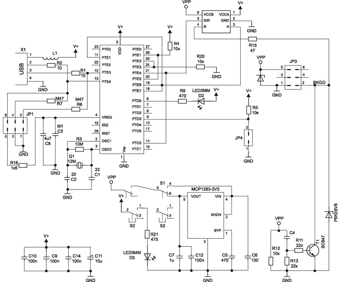 Принципиальная электрическая схема BDM-программатора (вариант 2)