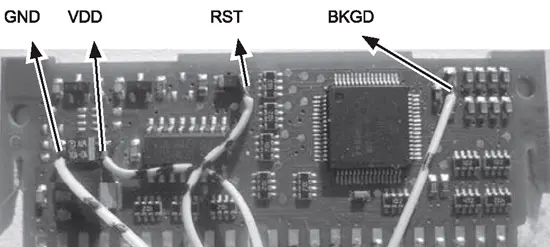 Точки подключения BDM-программатора к плате модуля стиральных машин Indesit/Hotpoint-Ariston (аппаратная платформа ARCADIA, МК типа MC9S08GB60(А))