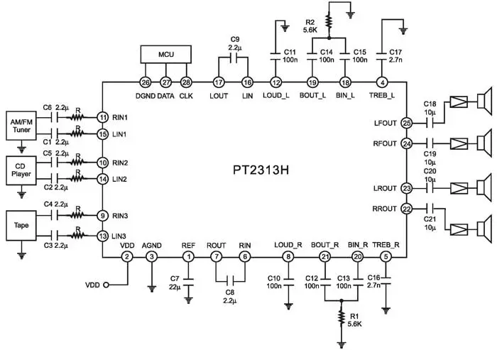 Структурная схема применения 4-канального аудиопроцессора PT2313H