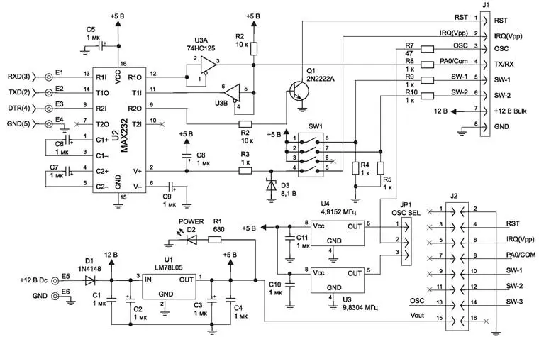 Принципиальная электрическая схема расширенной версии программатора MON08