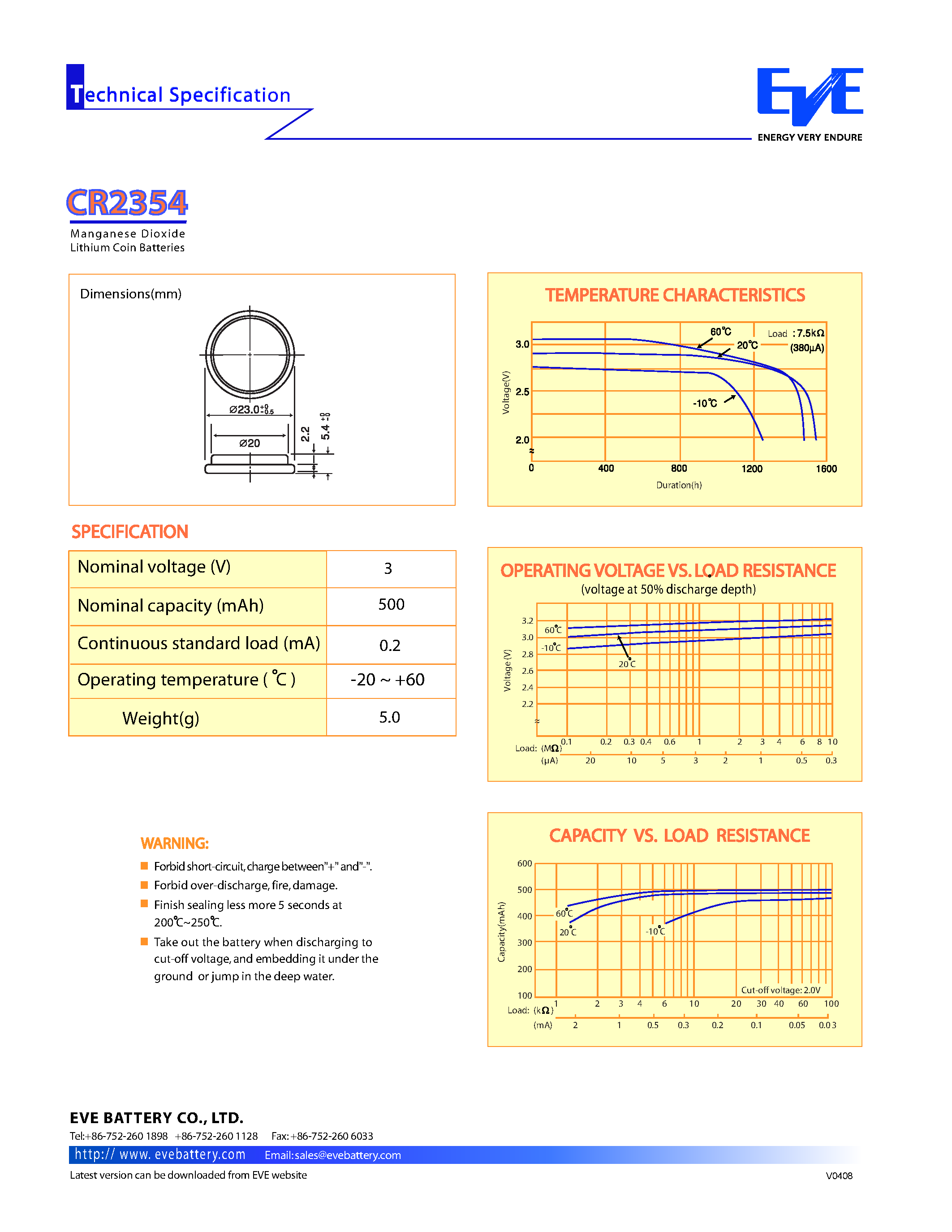 Datasheet CR2354 - Manganese Dioxide Lithium Coin Batteries page 1